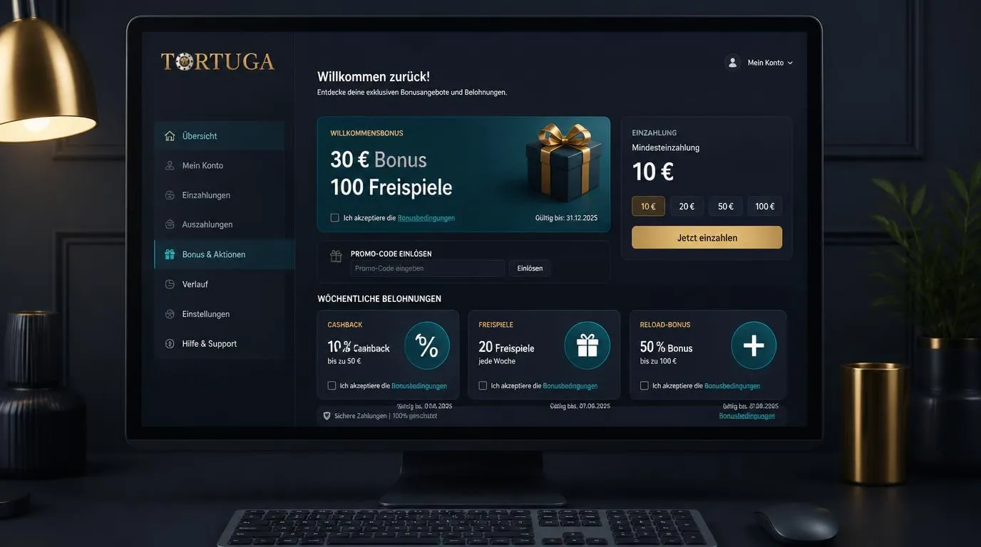 Bonusbereich eines Online-Casinos mit Willkommensbonus, Einzahlung und wöchentlichen Cashback-Angeboten