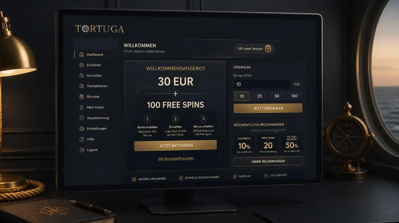 Casino-Bonusbereich mit Willkommensangebot, Freispielen und übersichtlicher Mindesteinzahlung von 10 Euro