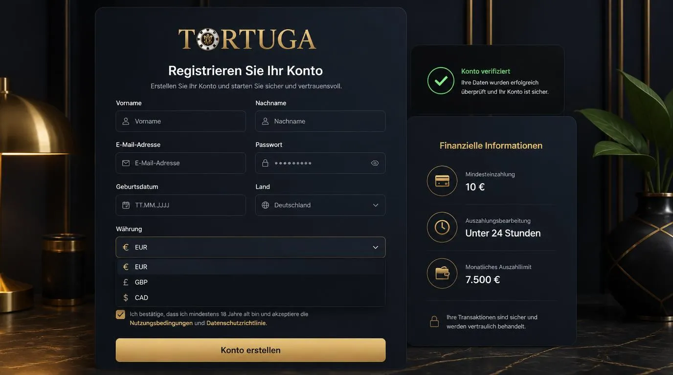 Registrierungsformular mit Kontowährung, Verifizierungshinweis und Auszahlungsangaben für deutsche Casino-Nutzer
