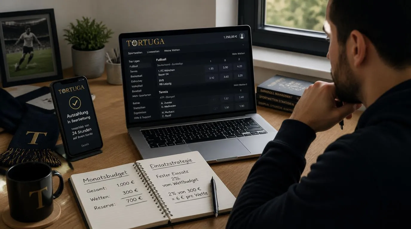 Sportwetter prüft Budgetplan, Einsätze und Wettstatistik auf Laptop und Notizbuch