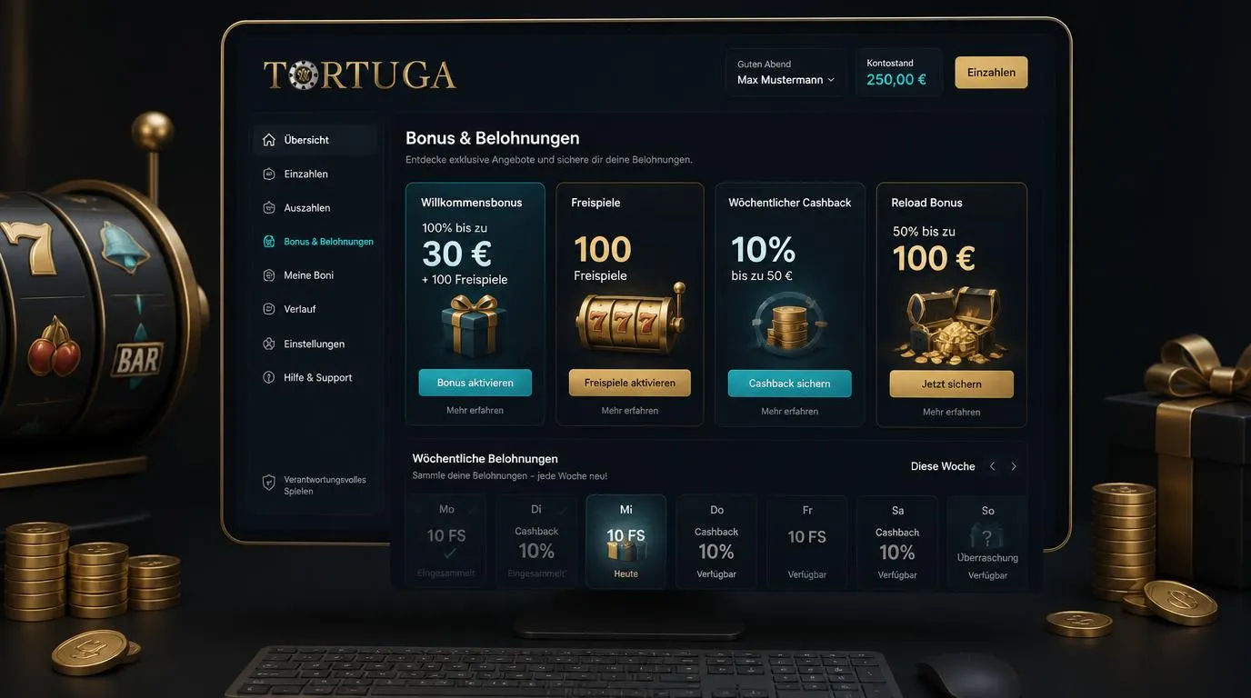 Casino-Bonusbereich mit Willkommensangebot, Cashback und wöchentlichen Freispielen