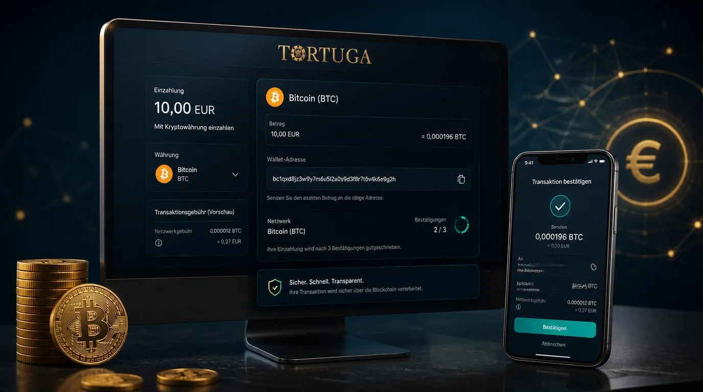 Bitcoin-Zahlung im Casino-Kassenbereich mit Wallet-Adresse, Betrag und Netzwerkbestätigung