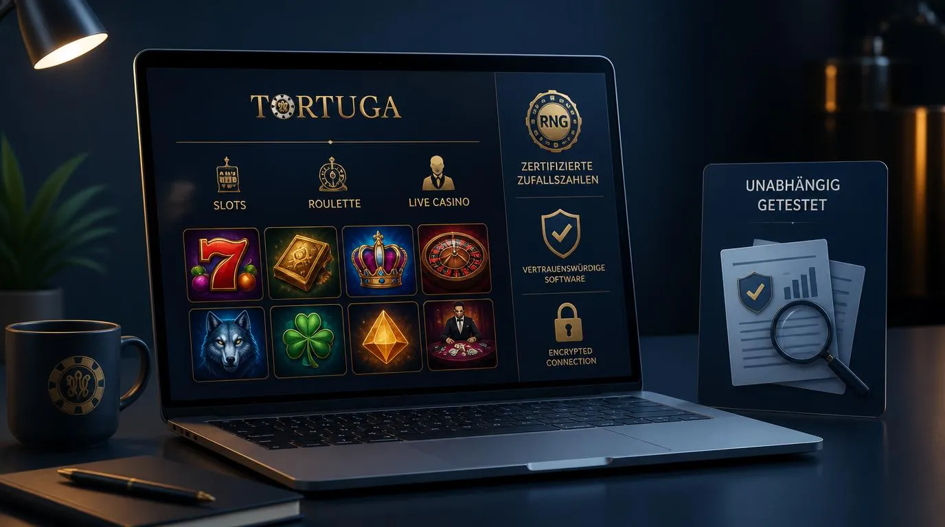Laptop mit geprüften Casinospielen, RNG-Siegel und geschützter Verbindung auf dem Bildschirm